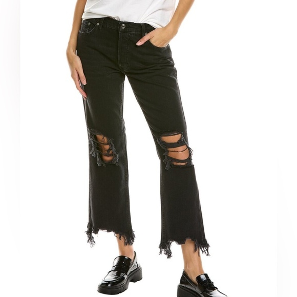 Free People We The Free Black Cropped jeans Button Fly Straight Leg Distressed